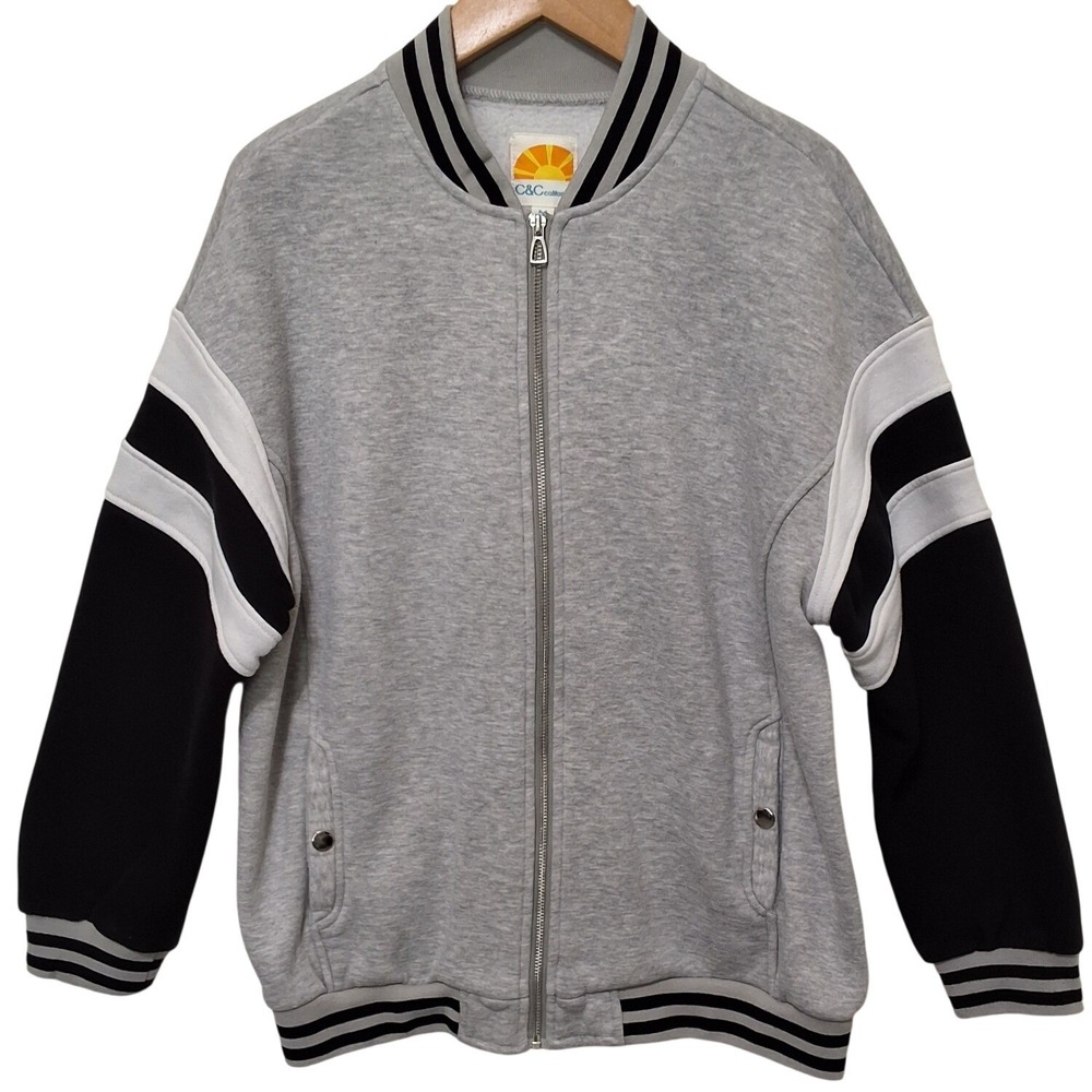 C&C California Mens Gray Varsity Bomber Jacket Full Zip Striped Size M Sporty